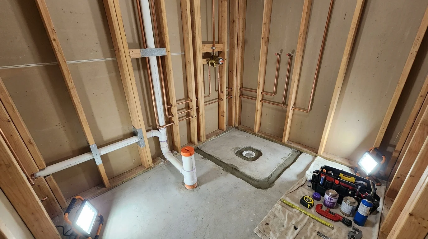 Bathroom rough-in plumbing during remodel by Johns Plumbing LLC in Grayson