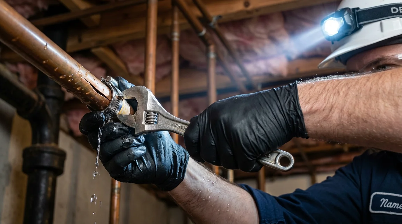 Emergency pipe clamp repair being performed by a Johns Plumbing LLC plumber in Grayson