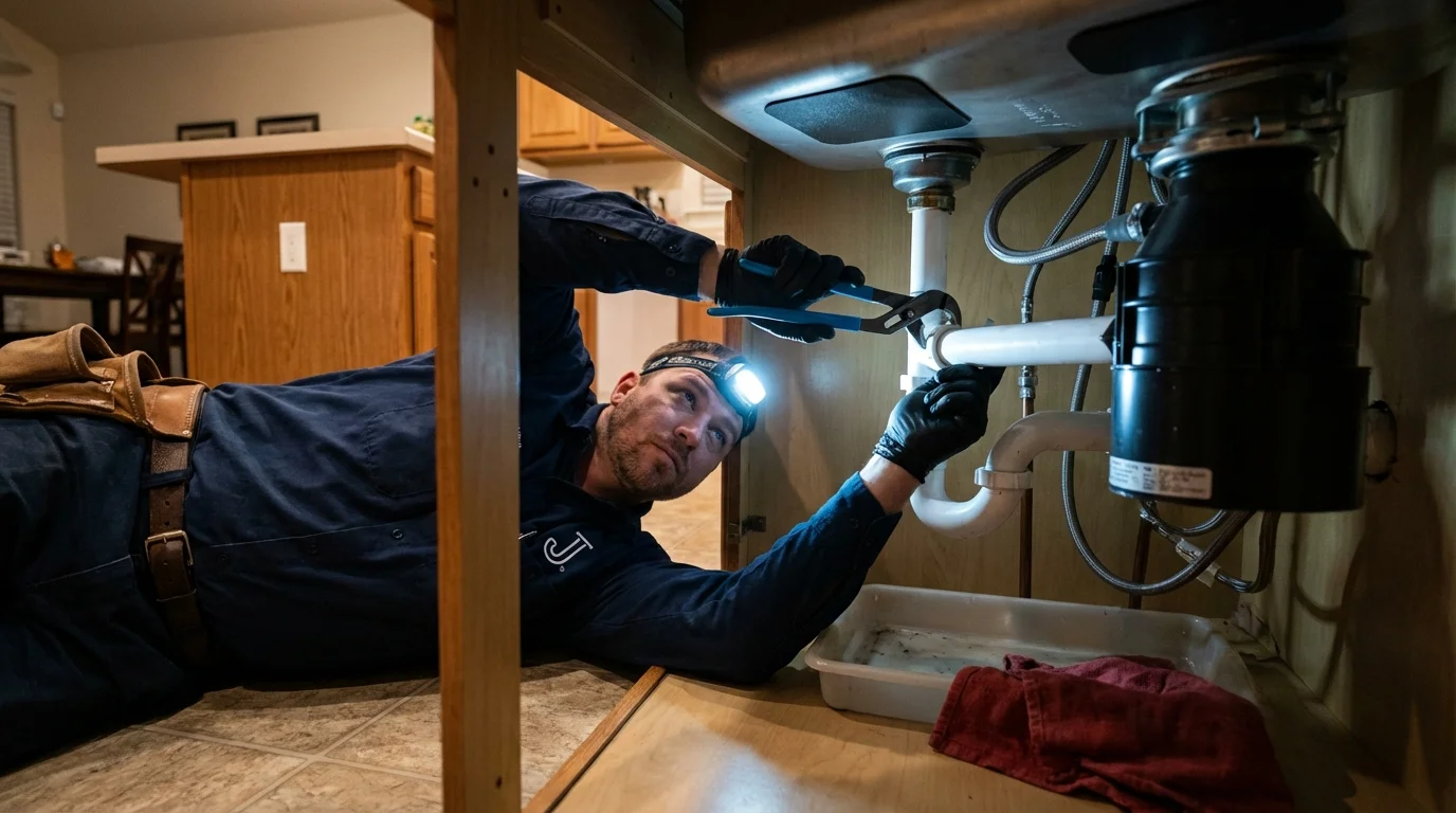 P-trap and supply line connections under a kitchen sink showing a common leak point in Grayson, KY